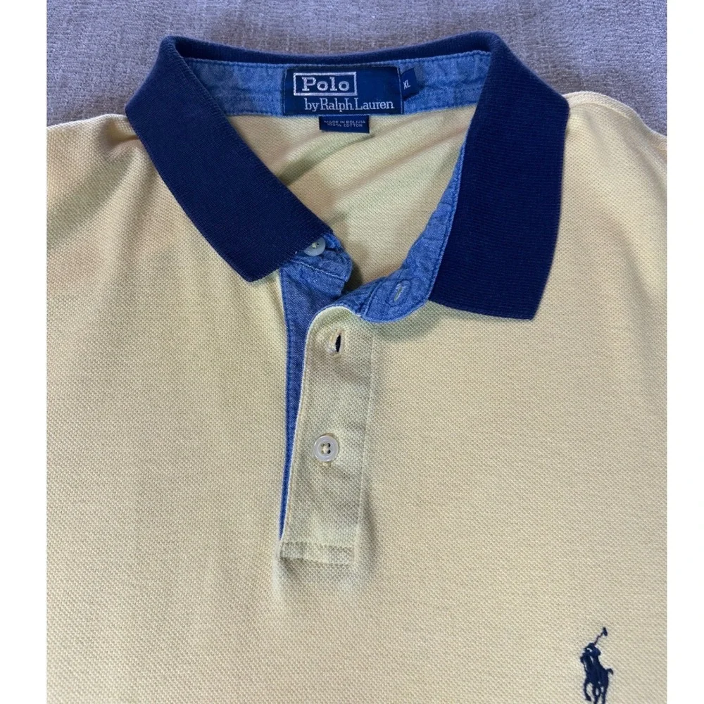 Polo Ralph Lauren Mens XL Yellow Navy Blue Contrast Collar Pique Polo Shirt